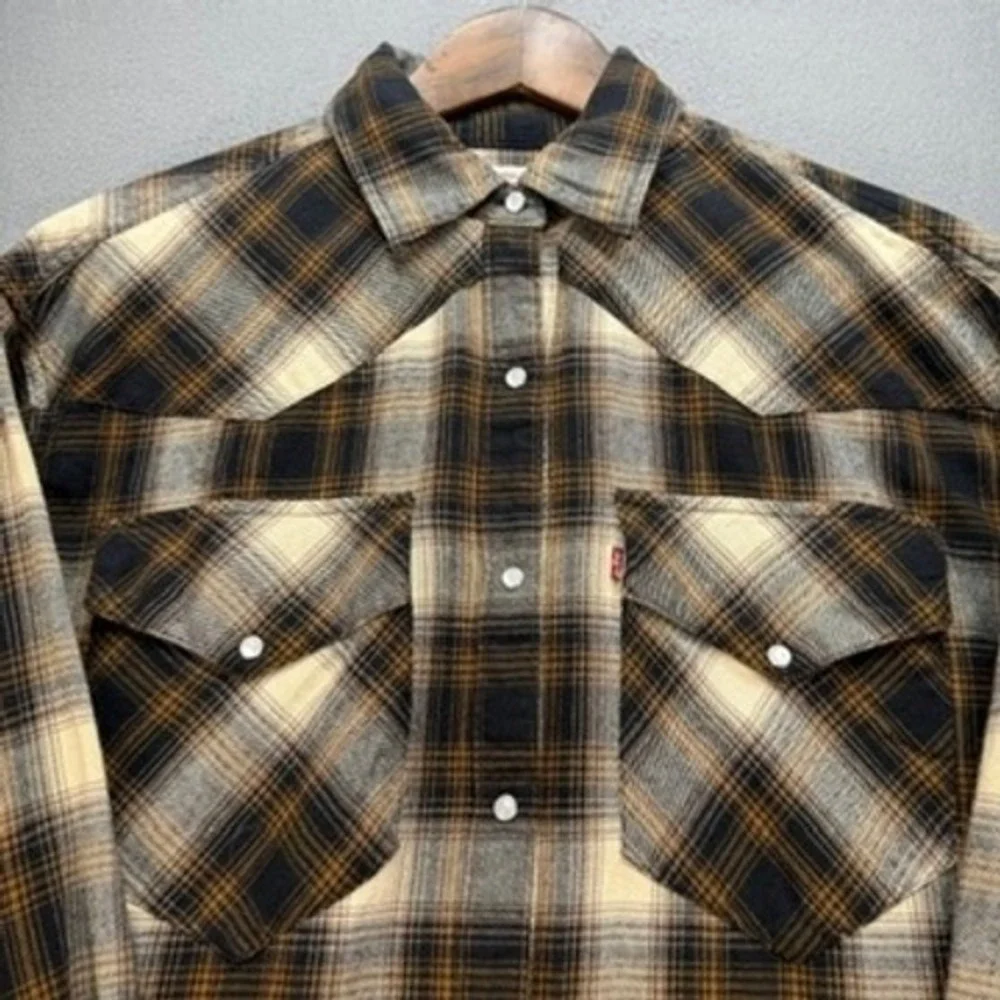 Levi Strauss Western Flannel Shirt Mens S Brown Plaid Pearl Snap Workwear Cotton